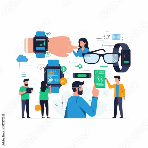 People interacting with smart wearable technology.