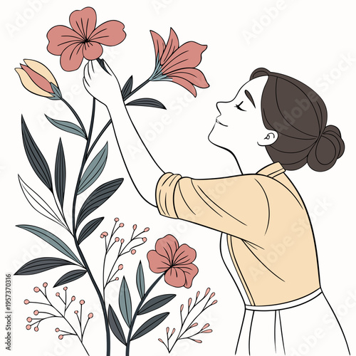 Woman touching pink flowers on a plant plants gardening