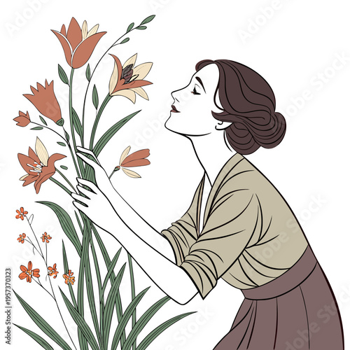Woman looking at orange flowers plants gardening
