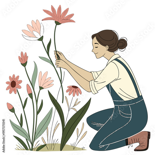 Woman kneeling in garden touching flowers overalls