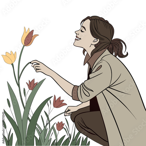Woman crouching by tulips garden brown hair beige jacket