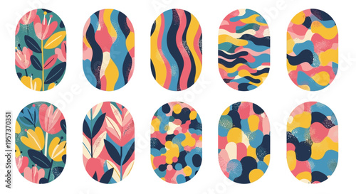 Vibrant textured oval shapes set with abstract fluid liquid patterns and organic floral botanical elements