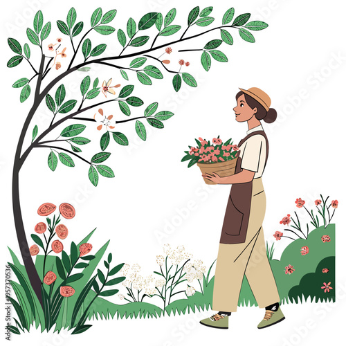 Woman Carrying Flowers in a Garden tree basket