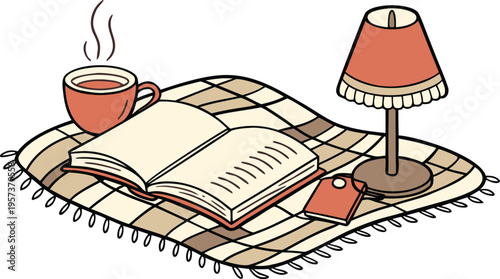 Vector illustration of book, coffee cup, and lamp on plaid blanket