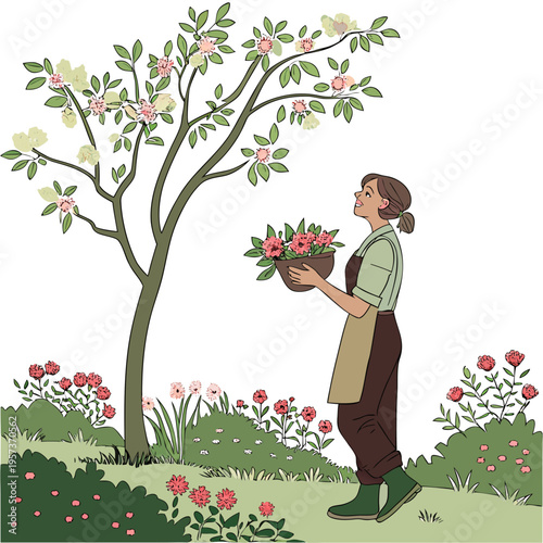 Woman Planting Flowers Under a Tree garden apron