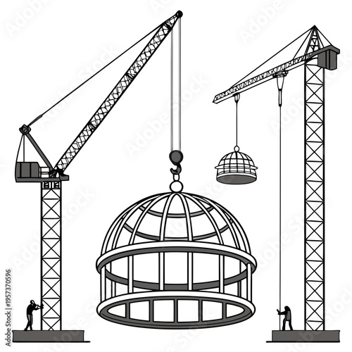 Construction site with cranes and dome architecture