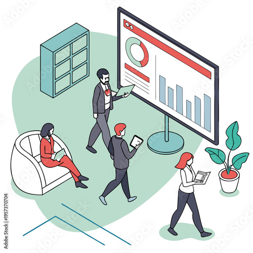 People walking past office data graphs