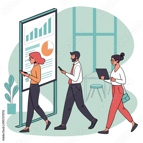 Coworkers walking by office presentation screen