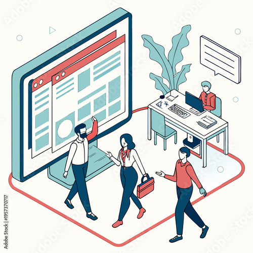 People interacting with large computer screen office