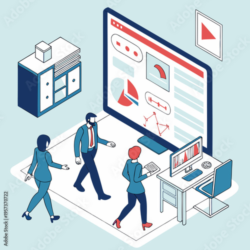 Office workers interacting with large computer screen