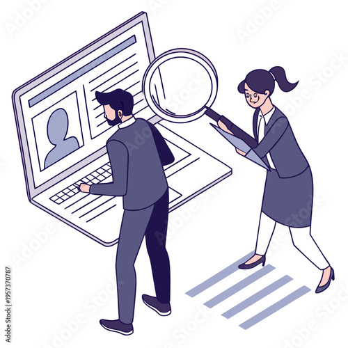 Man and woman using laptop and magnifying glass to search