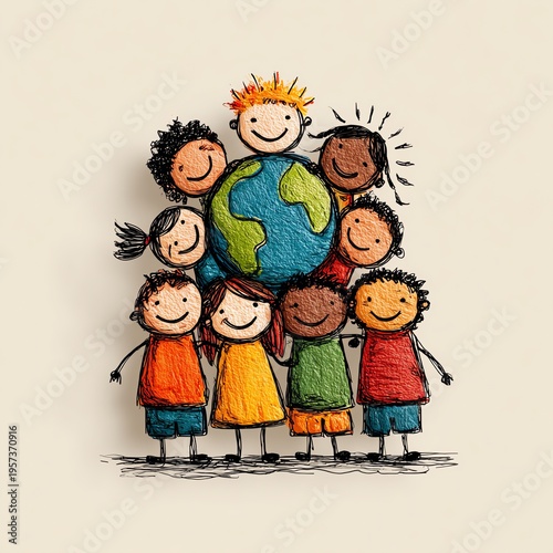 Cute doodle illustration of a multicultural group holding up a colorful Earth