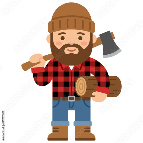 Cute cartoon lumberjack with axe and log, friendly bearded woodcutter character in simple flat design. Vector illustration.