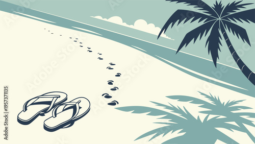 Vector beach scene with palm tree and flip flops