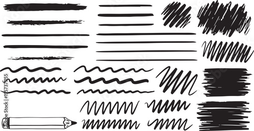 Hand-drawn sketch brush strokes and lines in various thicknesses and styles. Great for design accents, underline effects, and artistic text highlights