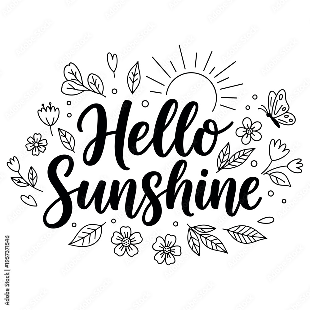 Fototapeta premium Spring hand-drawn lettering with flowers, leaves. Black and white doodle illustration with playful seasonal elements.