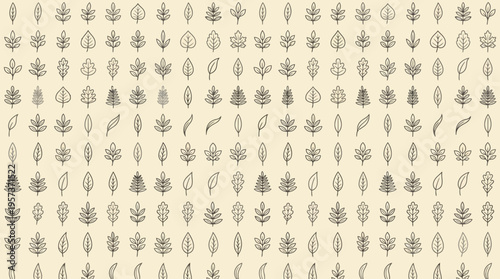 Neutral beige wallpaper featuring a repeating vintage botanical leaf pattern in gray tones for timeless interior decor