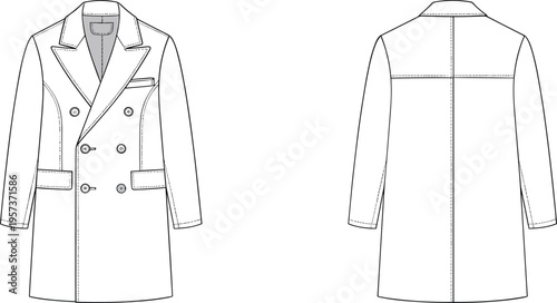Double breasted trench coat fashion illustration front and back views jacket
