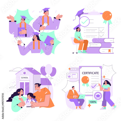 Graduation Celebration and Certificates Vector Illustration
