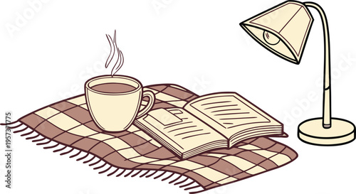Vector illustration of a cozy reading setup with coffee cup, book, and lamp on a plaid blanket