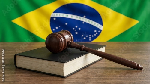 Wooden gavel resting on a law book with the vibrant Brazilian national flag in the background, symbolizing justice and governmental processes.