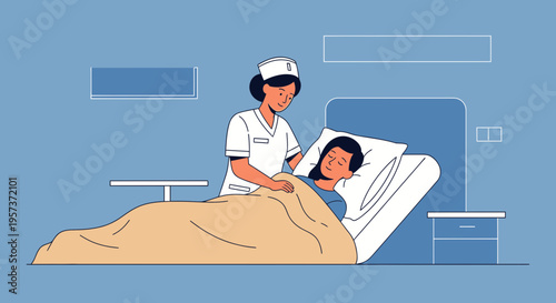 Nurse caring for patient in hospital bed, healthcare concept illustration