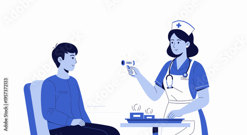 Nurse checks patient's temperature with infrared thermometer, healthcare concept