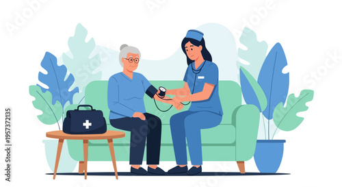 Nurse checks elderly woman's blood pressure at home, healthcare, medical checkup, senior care
