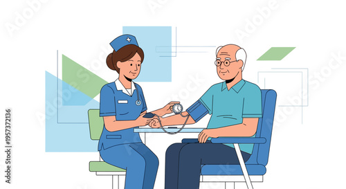 Nurse checks elderly man's blood pressure, healthcare concept, medical checkup, senior patient