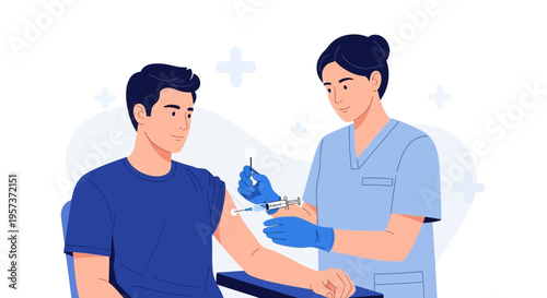 Nurse giving vaccination to a man, healthcare concept, medical injection, immunization, doctor, patient
