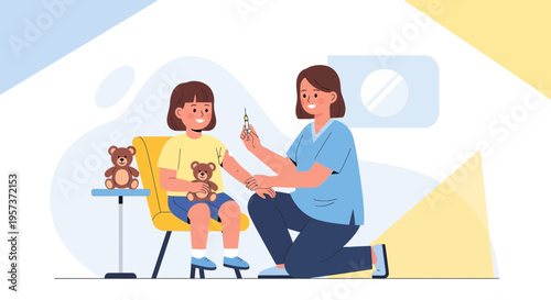 Nurse giving vaccination to a child, child holding teddy bear, medical concept