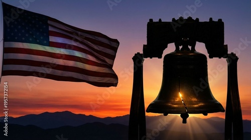A majestic silhouette of the historic Liberty Bell and the American flag waving proudly against a brilliant patriotic sunset with mountain peaks.
