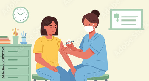 Nurse giving vaccination to young woman in clinic, healthcare concept