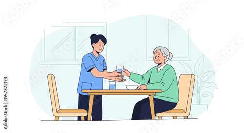 Nurse Giving Water to Elderly Woman at Table, Caregiver Assisting Senior Patient