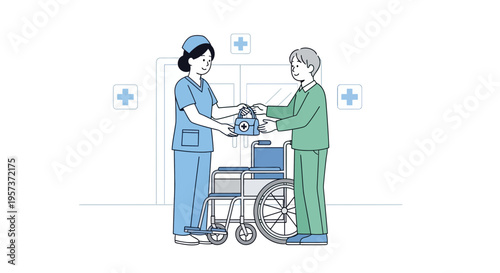 Nurse gives medical bag to patient in wheelchair at hospital entrance