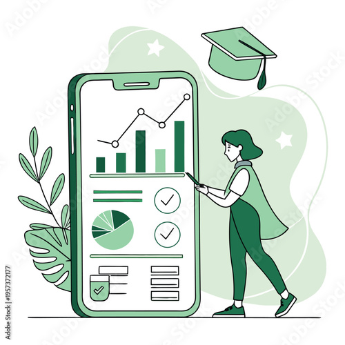  Female Student Using Education Mobile App Dashboard UI with Learning Analytics Flat Illustration