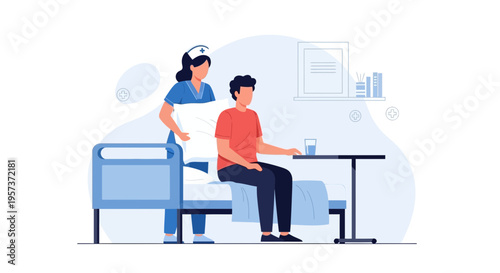 Nurse helping patient in hospital bed, healthcare, medical care, assistance, recovery