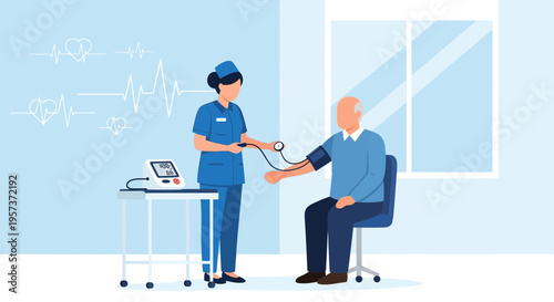 Nurse measures blood pressure of elderly man in clinic, healthcare concept