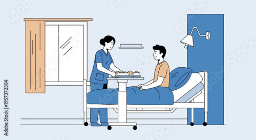 Nurse serving meal to patient in hospital bed, healthcare assistance and medical care concept