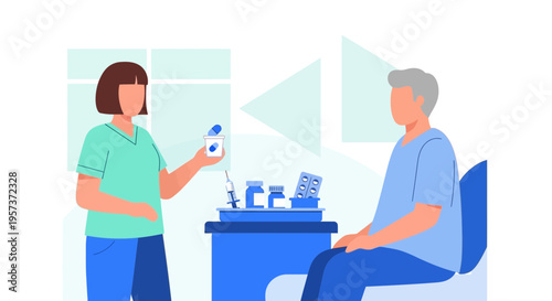 Nurse showing medication to elderly patient in clinic, healthcare concept