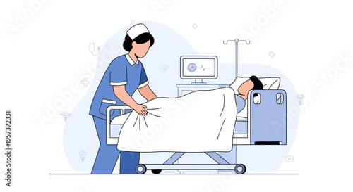 Nurse Tucking In Patient in Hospital Bed with Medical Equipment, Healthcare Concept