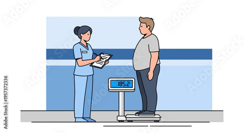 Nurse Weighs Overweight Man on Scale, Medical Check-up, Health Assessment