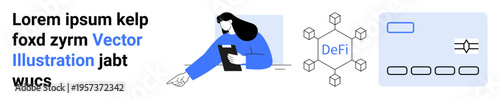 Financial technology, blockchain networks, decentralized finance, digital economy, fintech tools, cryptocurrency systems. Woman interacting with Defi blockchain diagrams. Financial technology