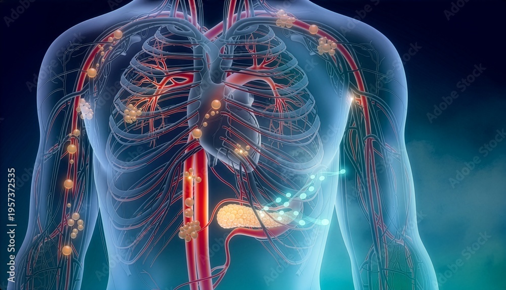 Fototapeta premium Human body shows blood circulation and organ function in detailed view of the chest and abdomen area