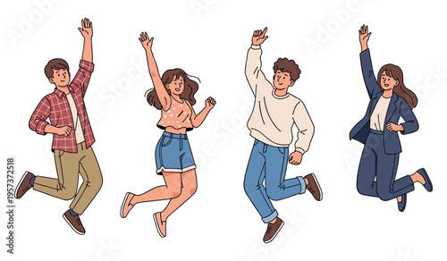 Animated group of young adults jumping with joy and excitement