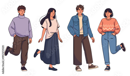 Diverse group of young adults in casual fashion on white background