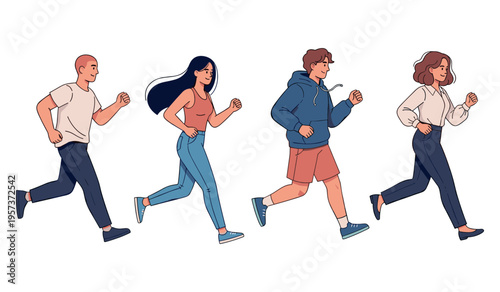 Diverse group walking: casual clothing, mixed genders and races, young adults illustration