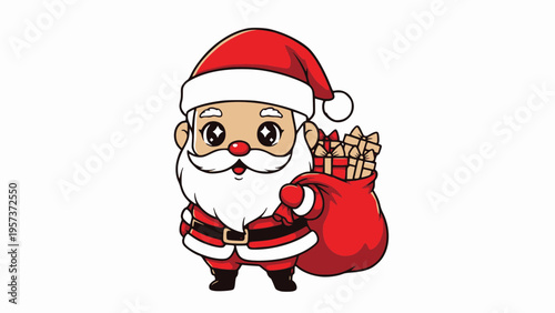 Chubby Santa holds a sack of gifts happily.