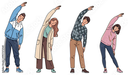 Group of diverse young adults stretching in casual attire