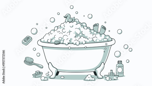 Child enjoys bath full of soap bubbles and toys.